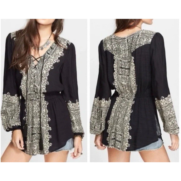 Free People Wildest Moments Peplum Tunic Top Sz M Boho Hippie Lace Up Black - Picture 1 of 12